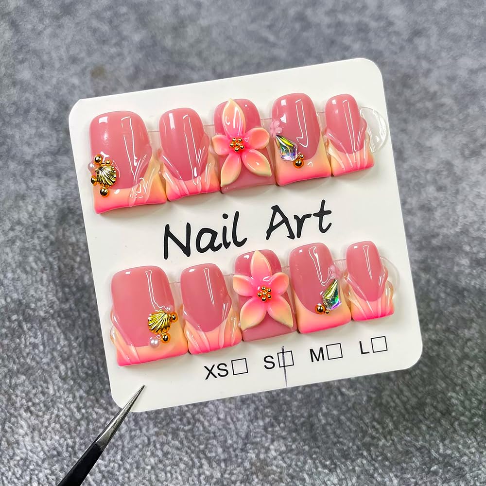 Handmade press on nails Duck Medium Fake Nails Pink French False Nails with 3D Flower Designs luxury Beach Charm Acrylic Nails for Women 10pcs (Size M）