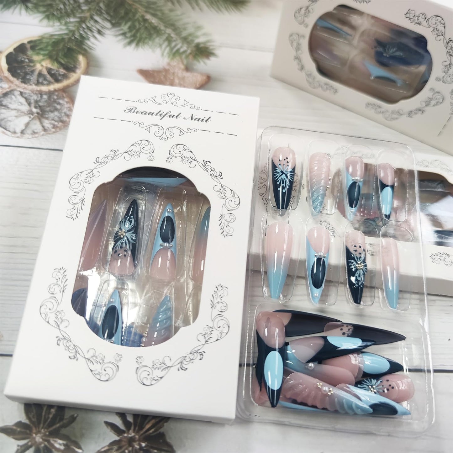 Blue French Tips Press On 3D Curve Line Stick On Long Stiletto 3D Flower Acrylic Fake Nails - 24 Pcs Glossy Blue Gradient False Pearl Gel Glue On for Women Girls
