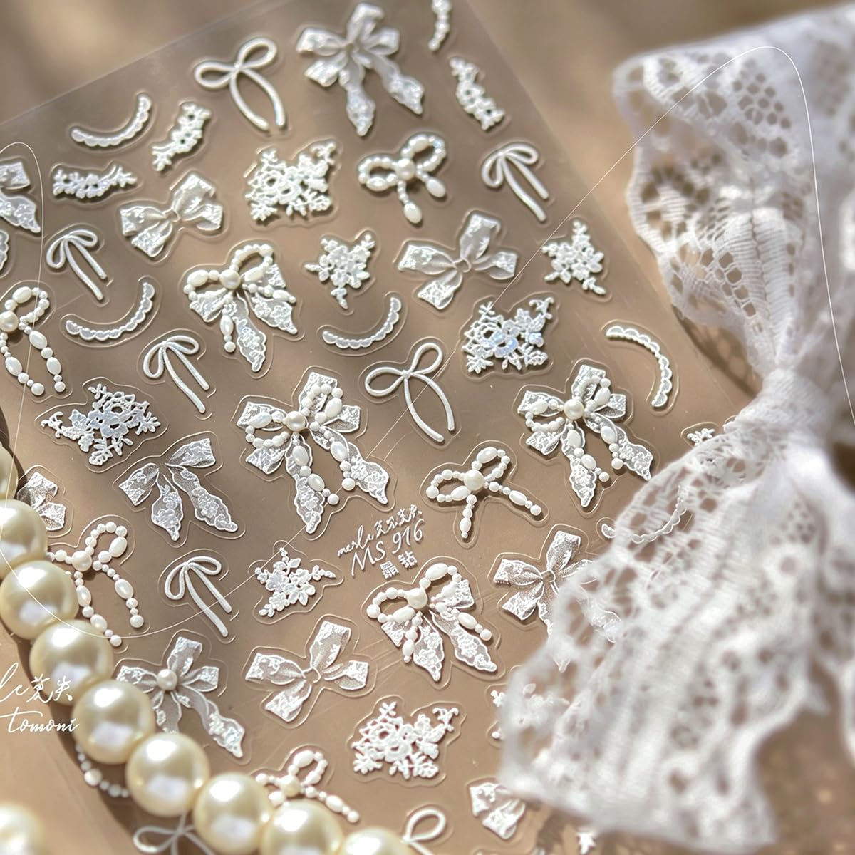 5D Raised Embossed Nail Stickers White Pearl Bow Lace Y2K Nail Art Stickers Self Adhesive Elegant Bridal Wedding Nail Decals for Women Girls DIY Manicure Supplies, 1 Sheet