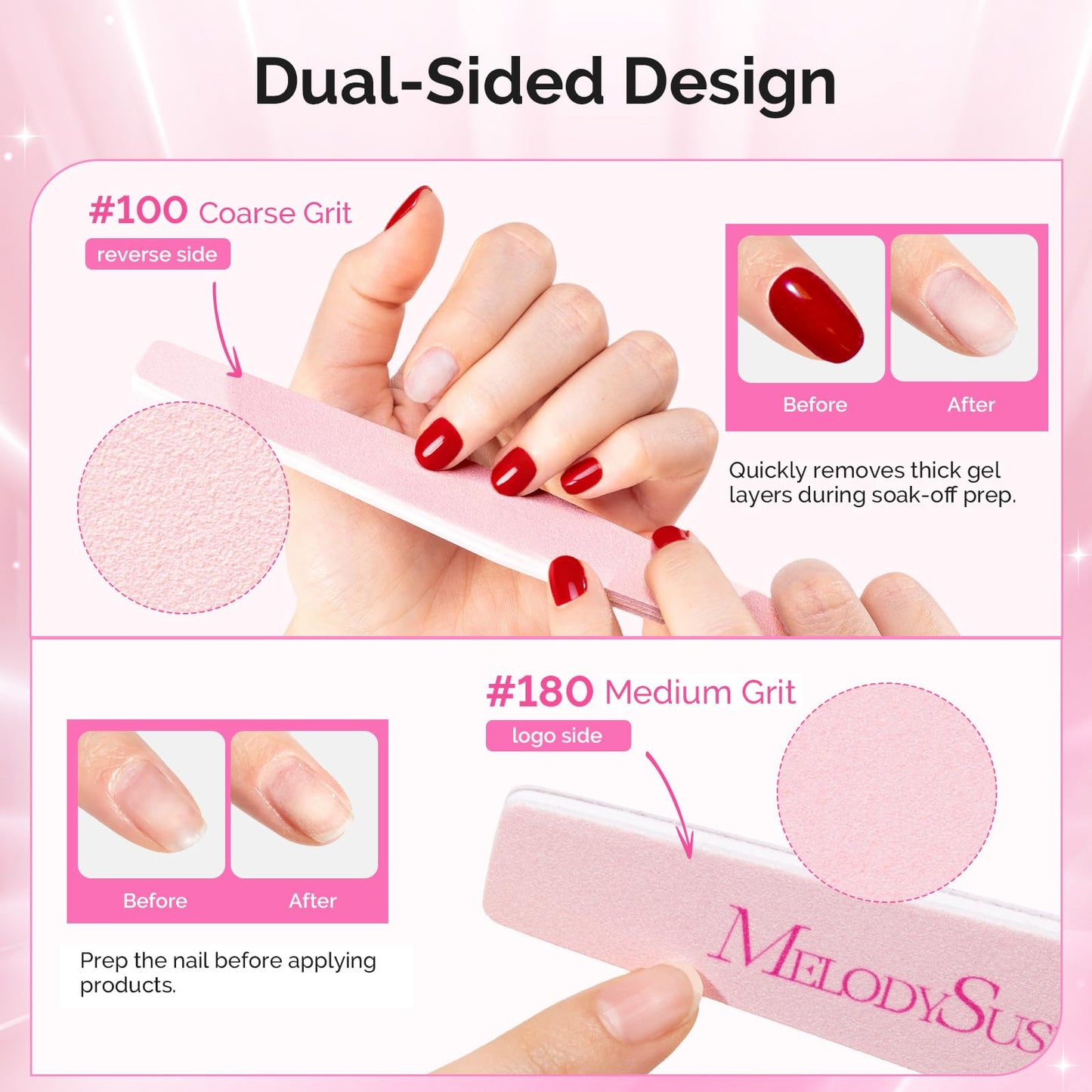 MelodySusie Nail File Kit, 10Pcs Double Sided 100/180 Grit Mixed-Shapee Emery Boards for Nails, Professional Manicure Pedicure Supplies for Home and Salon Use, Mothers Day Gifts, Pink