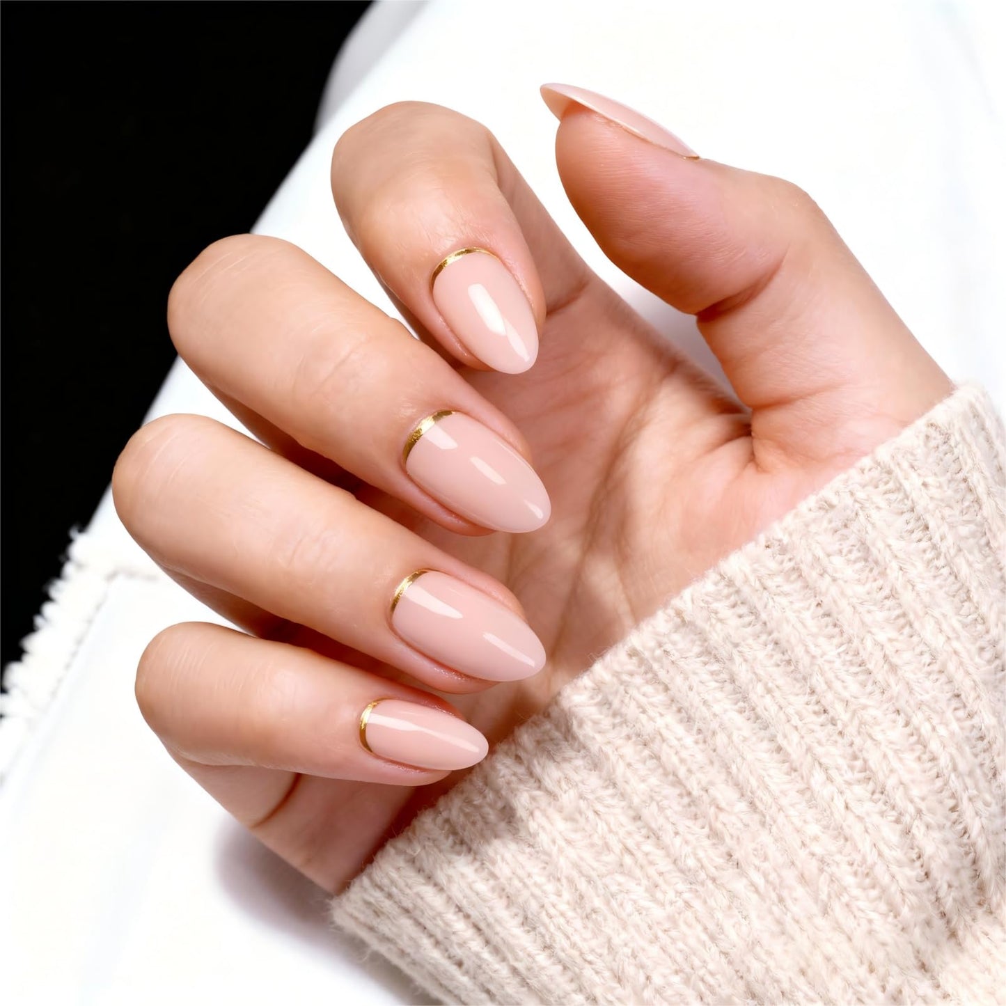 30PCS Almond Press On Nails with Gold Edge, Short Full Cover Fake Nails with Adhesive Tabs, Reusable Press On Nails for Women & Girls, Valentine’s Day Gift