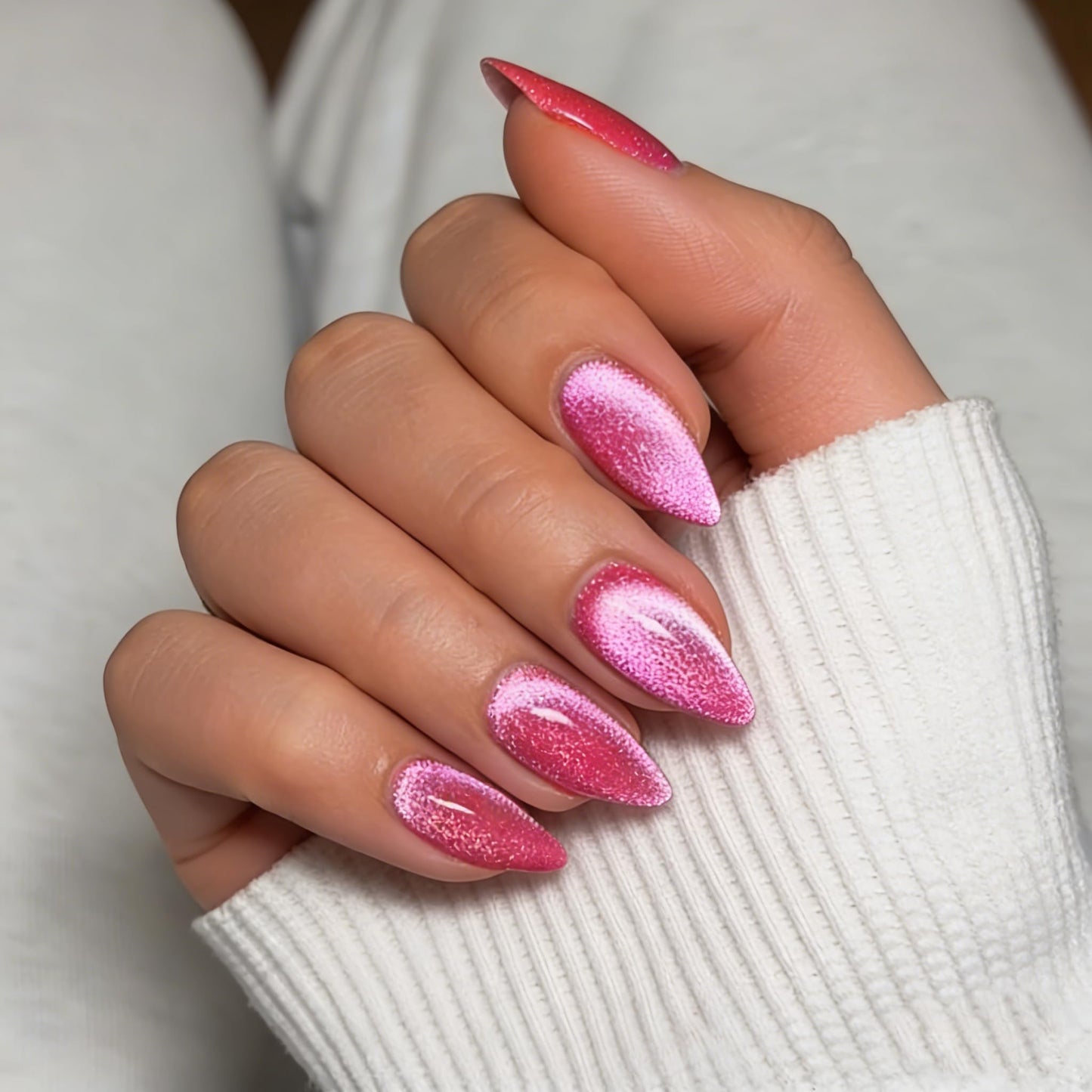 KQueenest Bright Hot Pink Cat Eye Press on Nail Almond, 30 Pcs 15 Sizes Shiny Sparkle Fake Nails Press on Medium Stiletto, Custom Thick Quality, Reusable Cute Glue on Nail for Women Summer Party