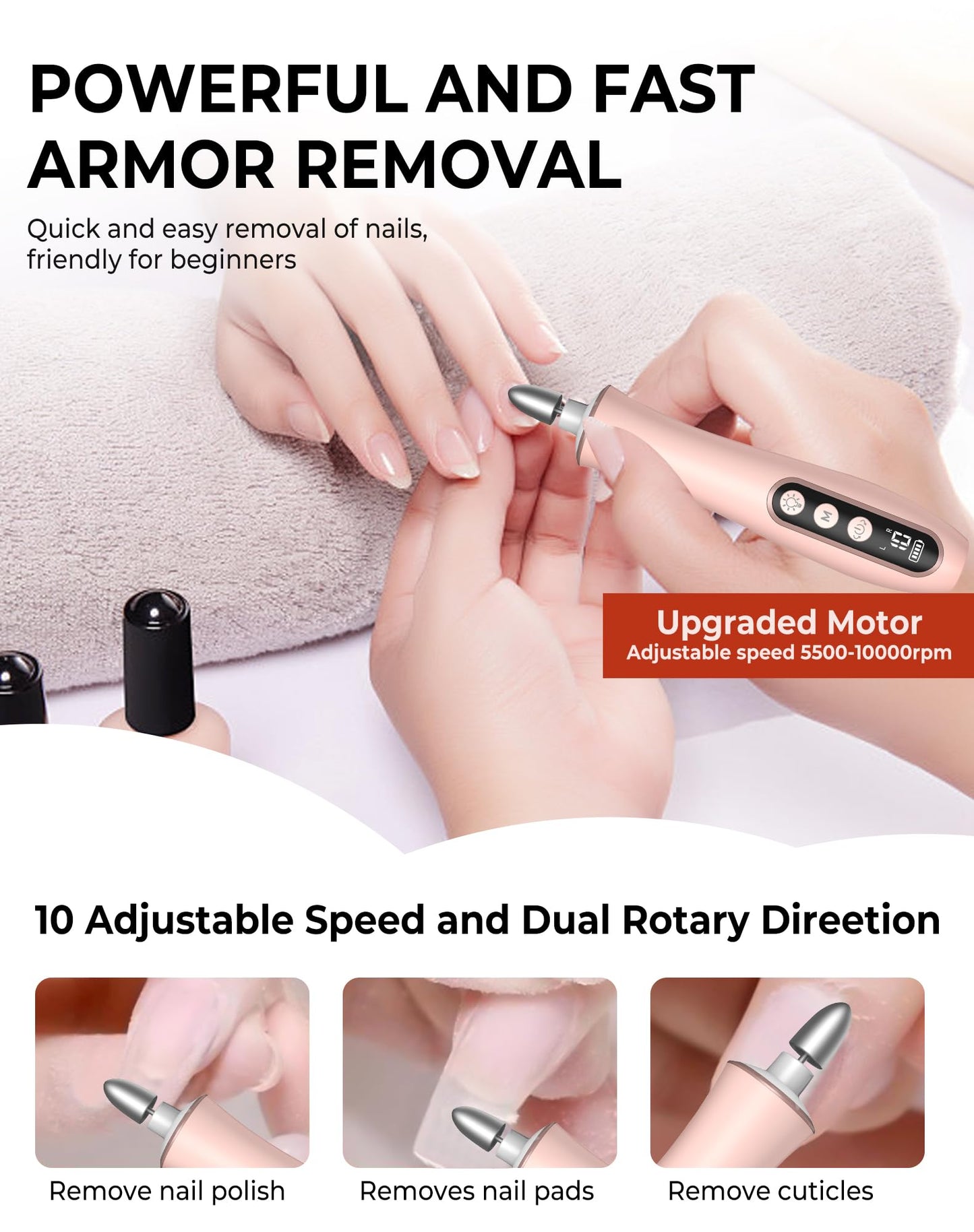 Cordless Nail Drill Electric Nail File, 10-in-1 Manicure Pedicure Kit Nail Grinder Set, 14000 RPM Rechargeable Acrylic Nail Tool, 10 Speeds LED Light LCD Display for Human, Toenails, Home(Pink)