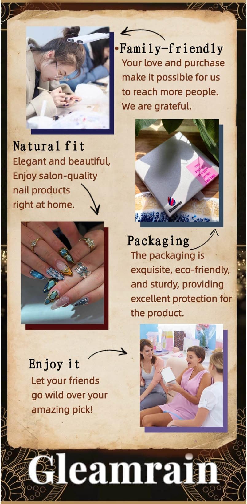 Gleamrain Almond Medium Handmade Press on Nails for Women, Handcrafted Floral Design Deep Nude Natural Press on Nails Thick Kit for Daily Use D314
