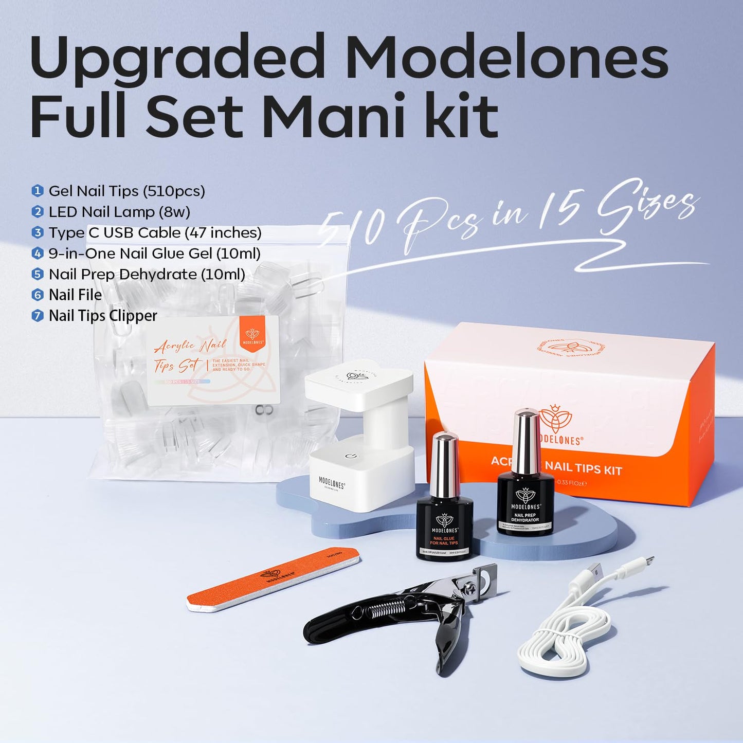 modelones X Nail Gel Kit Short Coffin,510Pcs Fake Nails 15Sizes, 9-in-One Glue Prep Dehydrator & Mini U V Light Clipper, Pre-shaped Half Matte Press on Short Coffin Tips for DIY Salon