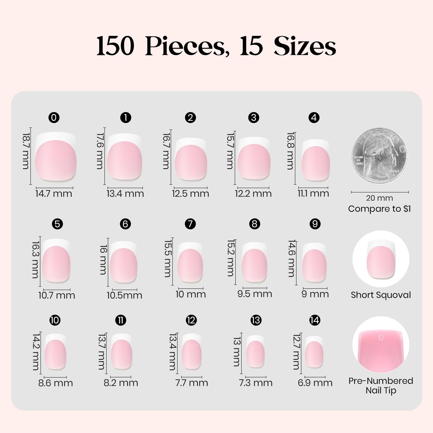Beetles French Tips Press On Nails - Pearl French | Pink French Tip Nails Short Square 150 Pcs Fake Nail Tips, Soft Nail Gel False Nails Art DIY Gifts For Women