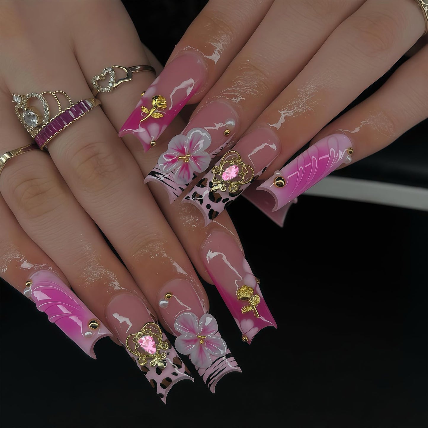Pizadix 110 Pcs Gold Pink Nail Charms Y2K with Heart, Cherries, Bows, Butterflies, Guns, Crosses, Dollars