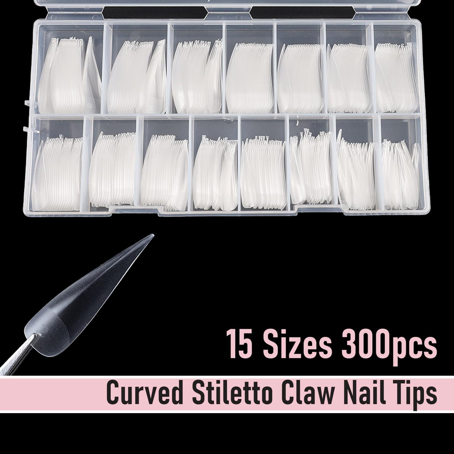 Wellquinn 300 Pcs Long Curved Stiletto Nail Tips Full Cover Eagle Claw Press on Nails, XXL Dragon Claw Sculptural Fake Acrylic Nails Cat Claw False Nail Tips for Nail Art Design 15 Sizes Q44
