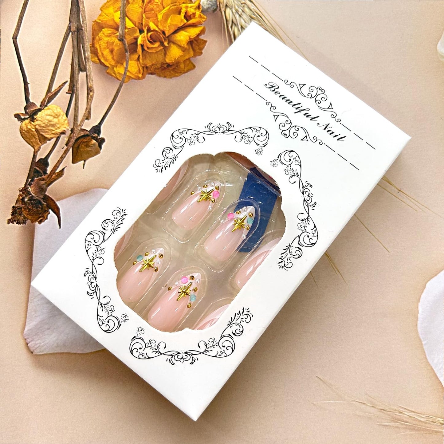 Rhinestones French Tip Press on Nails Medium Almond Shaped Colorful Diamond Design Full Cover Nude Almond Tip Press Ons False Nail Acrylic Artificial Fingernails Reusable Stick on Nails for Women