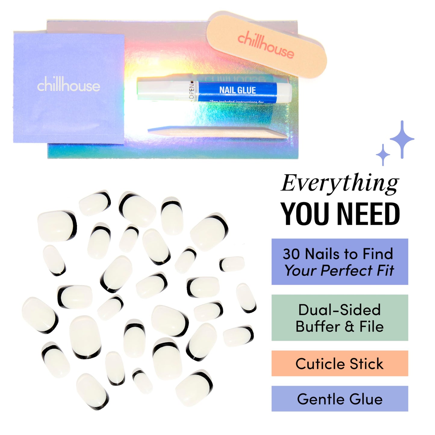 Chillhouse Chill Tips Signatures Press On Nails Kit, Girl with a Plan - 30 Nail Shapes & Sizes, Dual-Sided Buffer & File, Cuticle Stick & Glue - Long-Lasting Nail Art Manicures