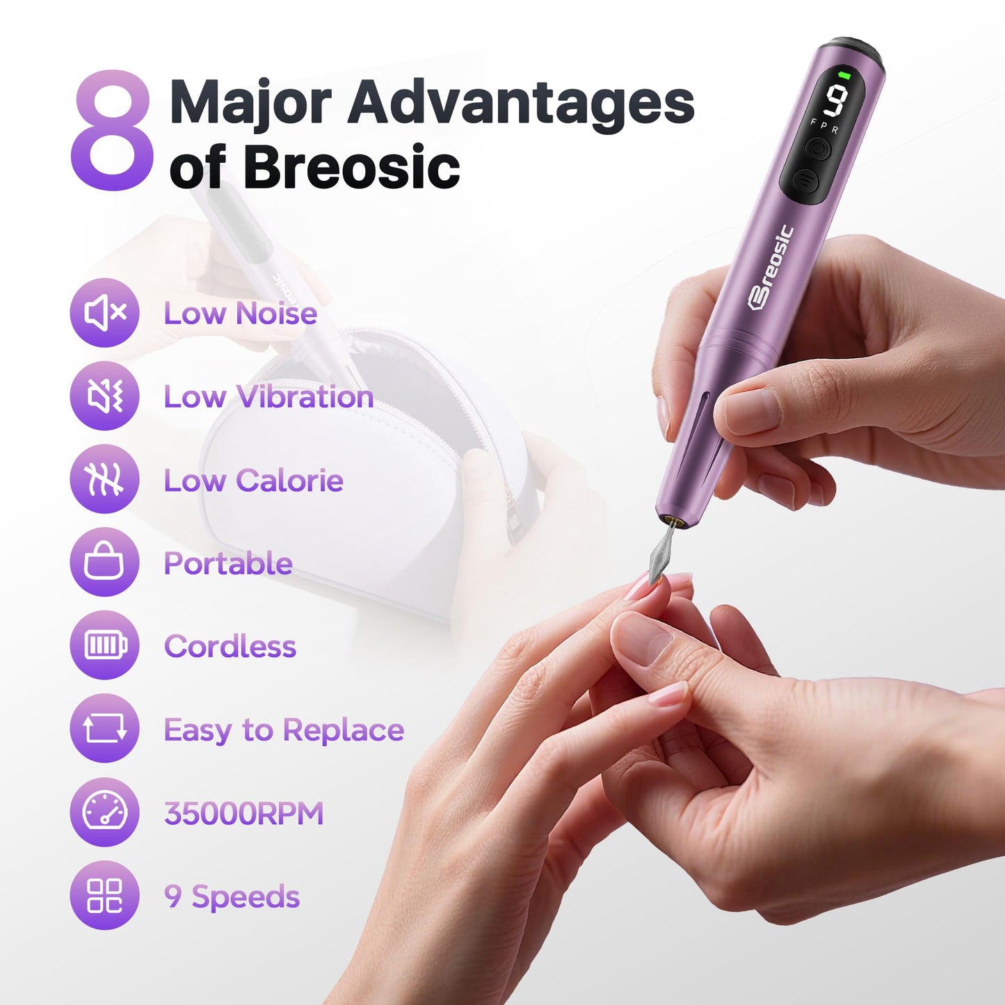 Breosic Electric Nail Drill Professional 35000RPM,Rechargeable Electric Nail File Cordless with 9-Speed & LED Display,12-in-1 Portable Manicure Pedicure kit for Acrylic Gel Dip Powder Nails (Purple)