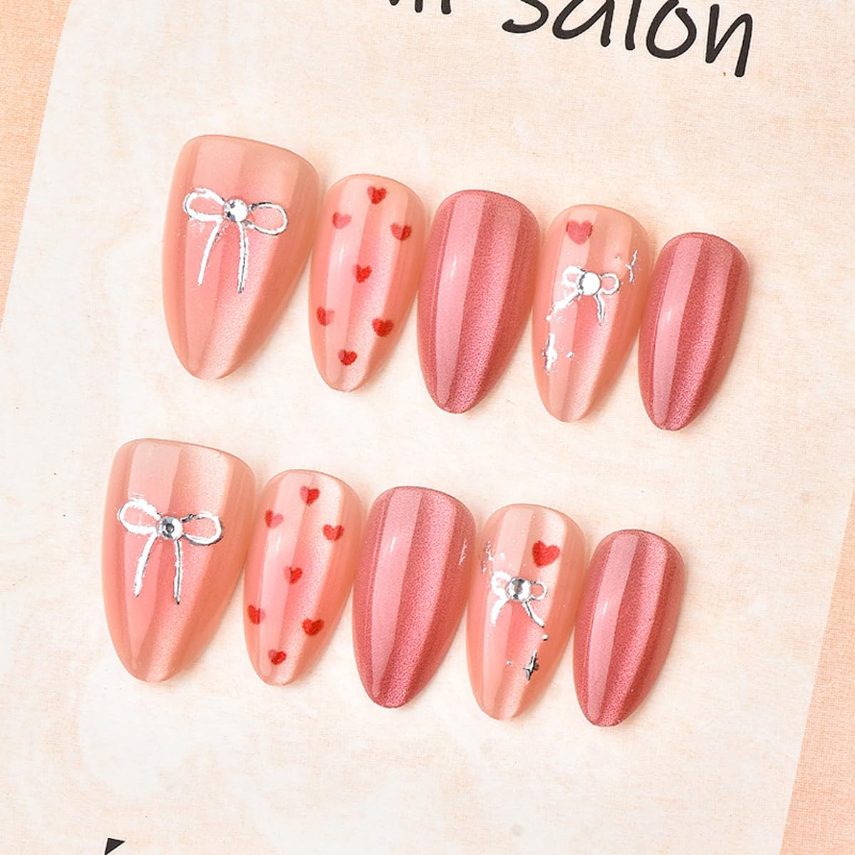 Pink Medium Almond Press on Nails - Cat Eye Fake Nails with Heart | Silver Bow Designs False Nails Glitter Glue on Nails Reusable Full Cover Stick on Nails for Women Manicure 24Pcs