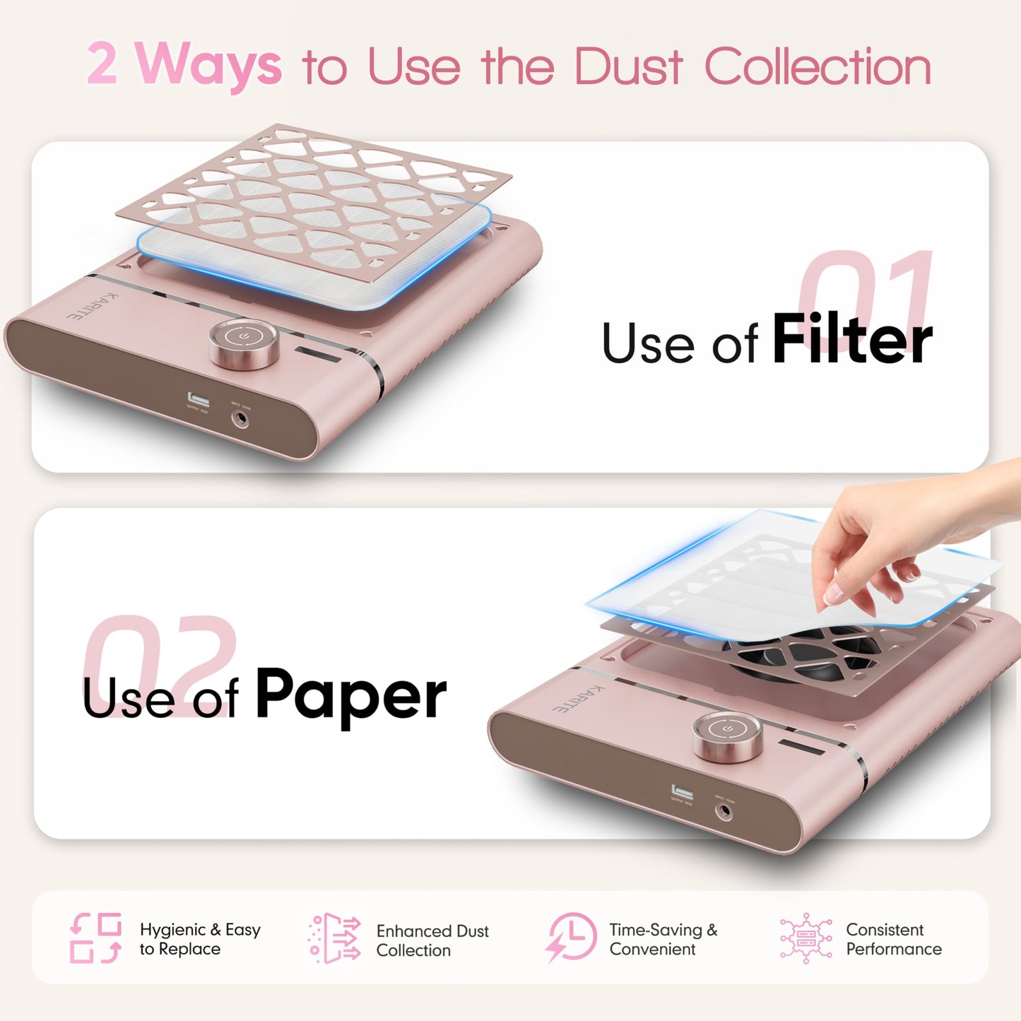 Karite Nail Dust Collector, Upgrade Vacuum Dust Collector with 30pcs Papers, 5000RPM Power Suction, 6000mAh Rechargeable Dust Collector Nail Tech, Cordless for Easy Use and Cleaning（Sakura Pink）