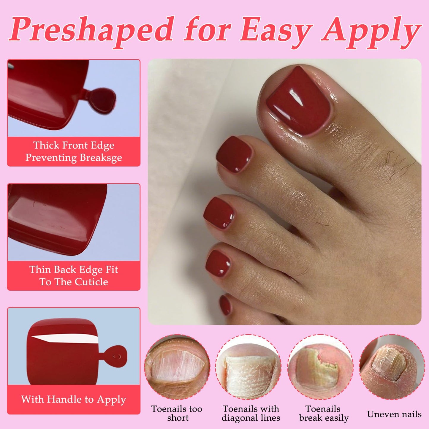 Lifextol 120PC Red Press on Toenails for Women Fake Toe nail Press ons Acrylic Toe Press on Nails Set, red Press on Toe Nails Press on Fake Toenails Press ons Acrylic Toe Nail Tips Kit&Glue Tab-O
