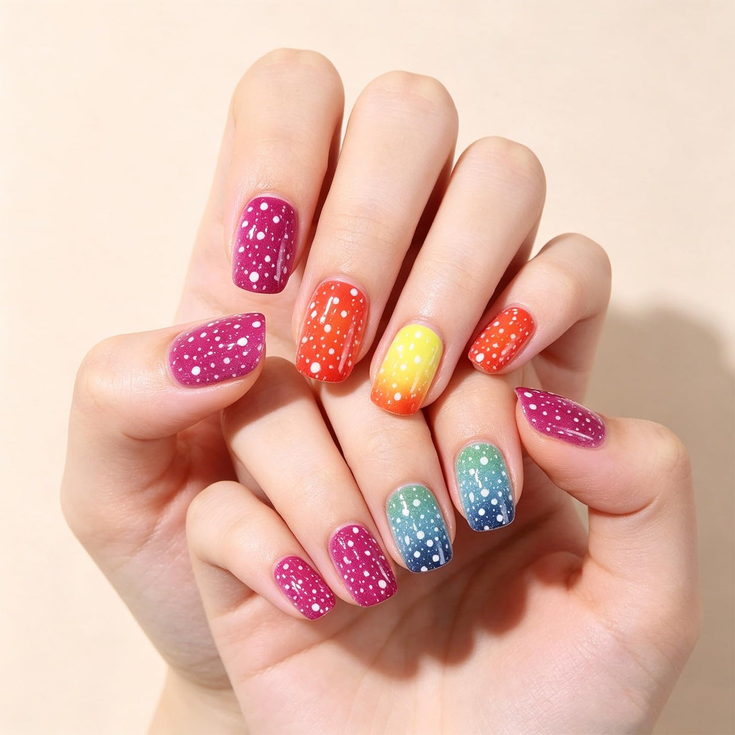 Polka Dots Press on Nails with Rainbow Design Glossy Multicolor Fake Nail Ombre Short Square False Nails Summer Stick on Nail Gradient Glue on Artificial Fingernails for Women Daily Wear