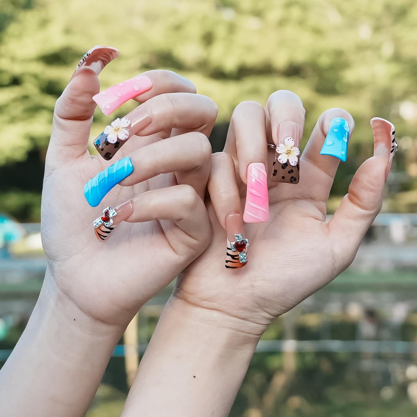Tesytto Long Duck Press-On Nails Handmade, Colorful Blue Pink Acrylic Fake Nails with 3D Charms, Brown Tiger Stripe & Flower Design, Multi-Layer Full Cover False Nails (Tame the Wild Heart, S)