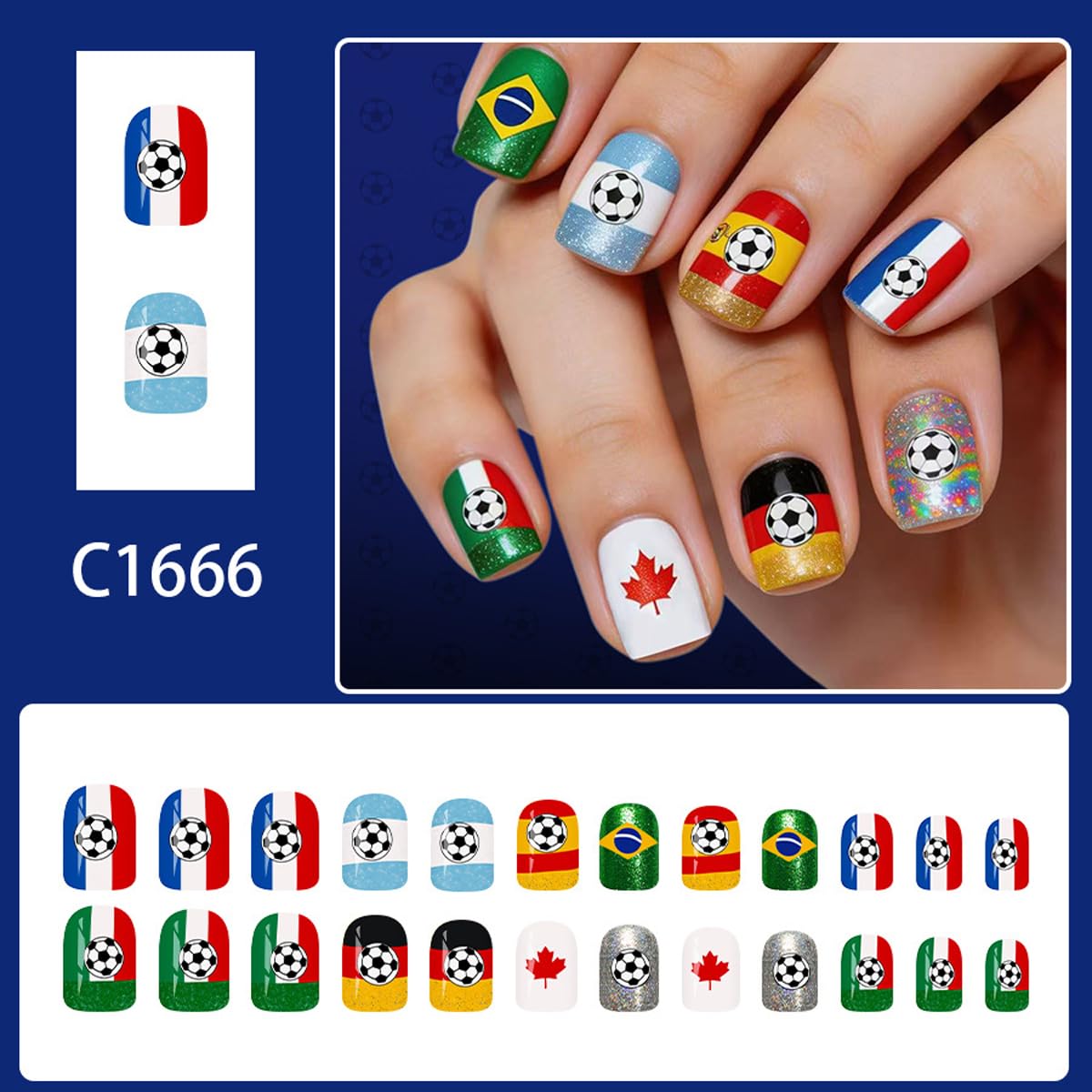 World Cup Soccer Press on Nails 4th of July, Short Square Fake Nails Glitter Acrylic False Nails with Soccer Ball Multi National Flags Designs Full Cover Glue on Nail for Women 24Pcs