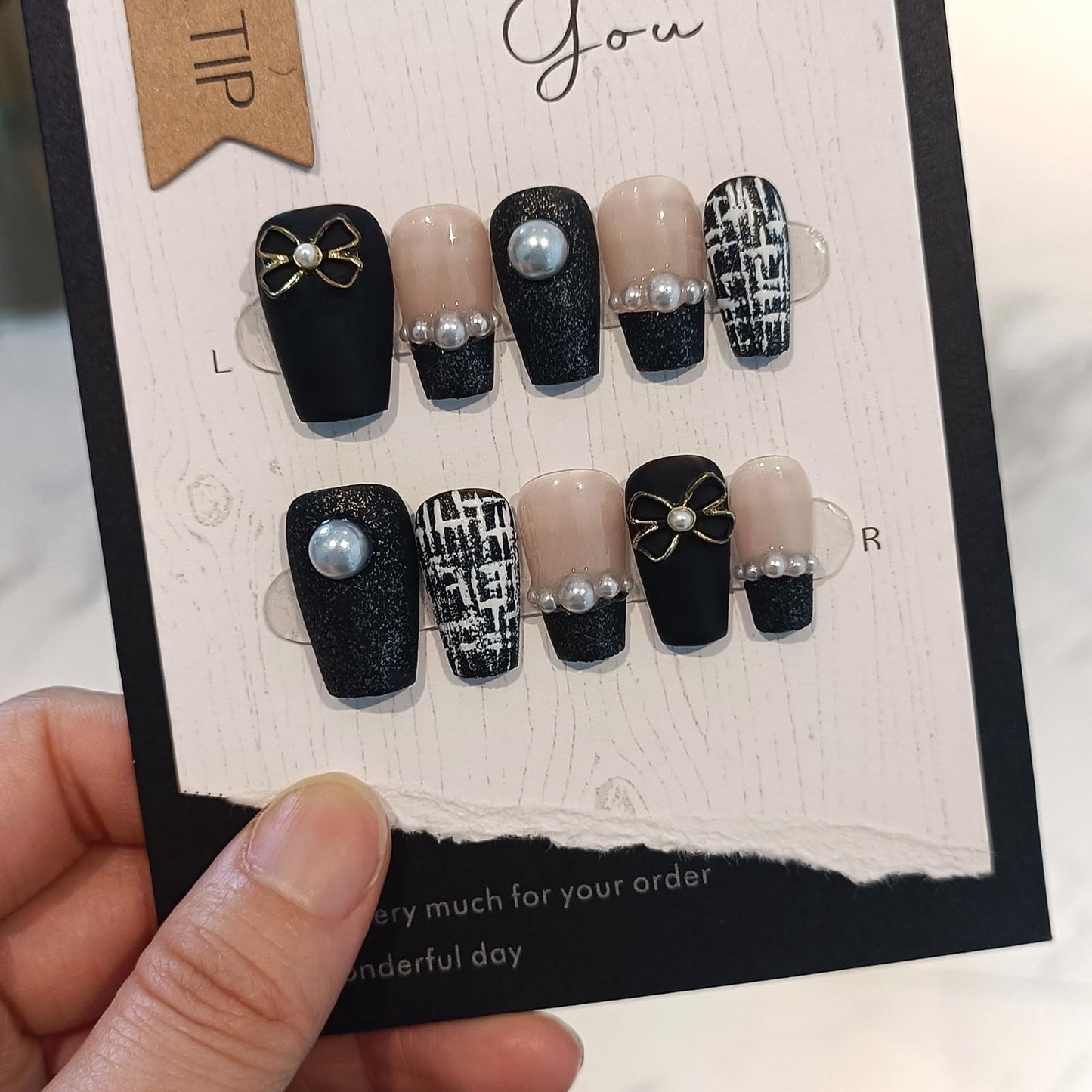 TENPAL Handmade French Tips Press on Nails Medium,Black Gold Pearl & Bow Tweed Coffin Nails,Detachable Luxury Heirloom Elegance Glue on Nails for Fair Skin, Acrylic Wedding Nails for Women(L)