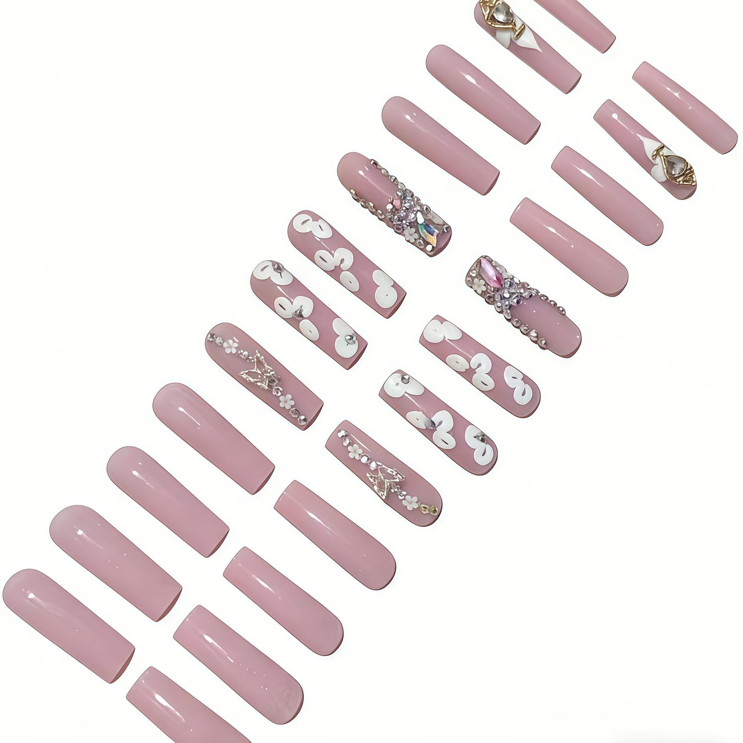 Long Press on Nails Square Fake Nails Pink Acrylic Nail Press Ons Seeneey Rhinestones and Flowers Designs Stick on Nail for Women 24pcs
