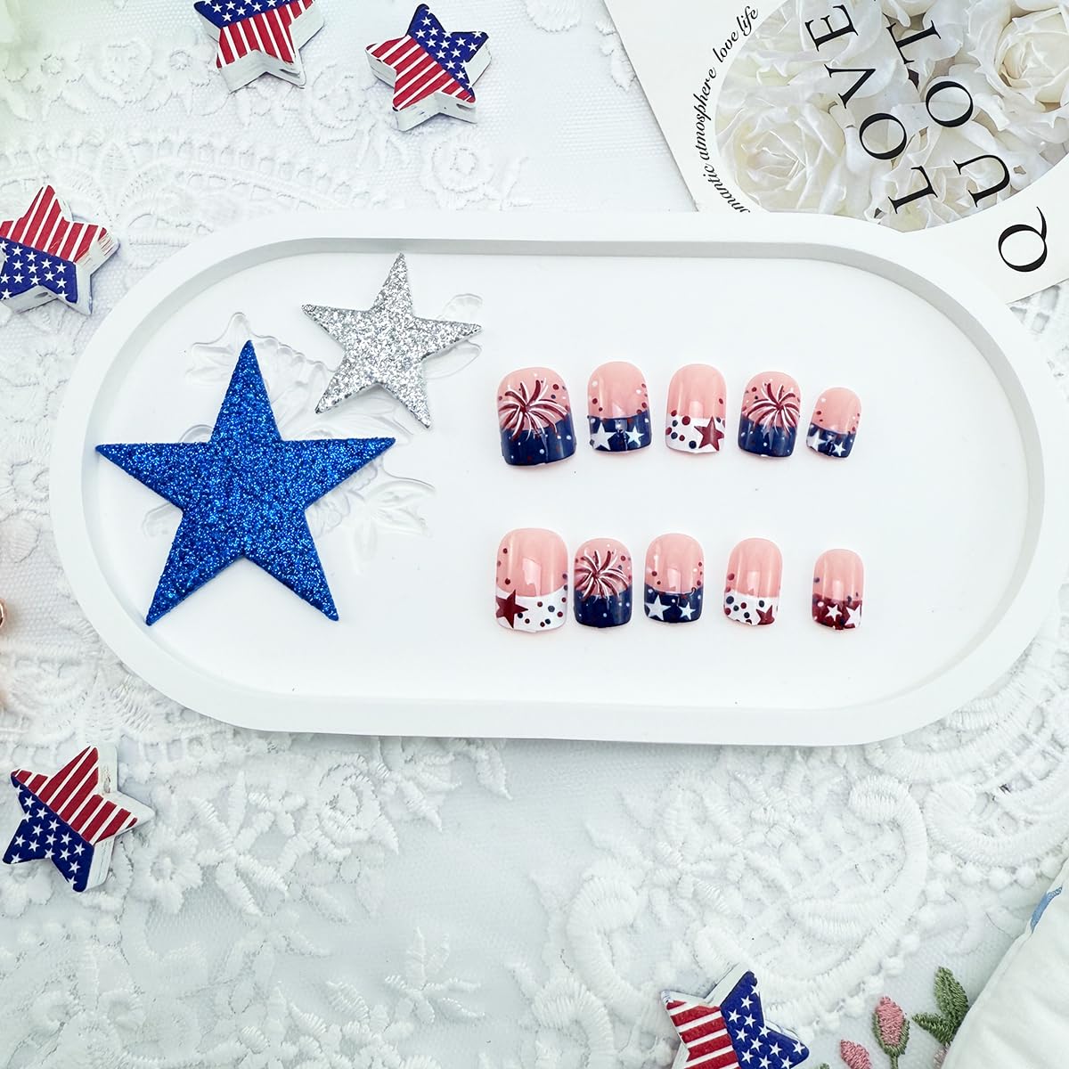 24Pcs 4th of July Press on Nails Short Square French Tip False Nails with Red White Blue Star Firework Designs Independence Day Fake Nails Patriotic Acrylic Stick on Nails for Women Holiday Manicure