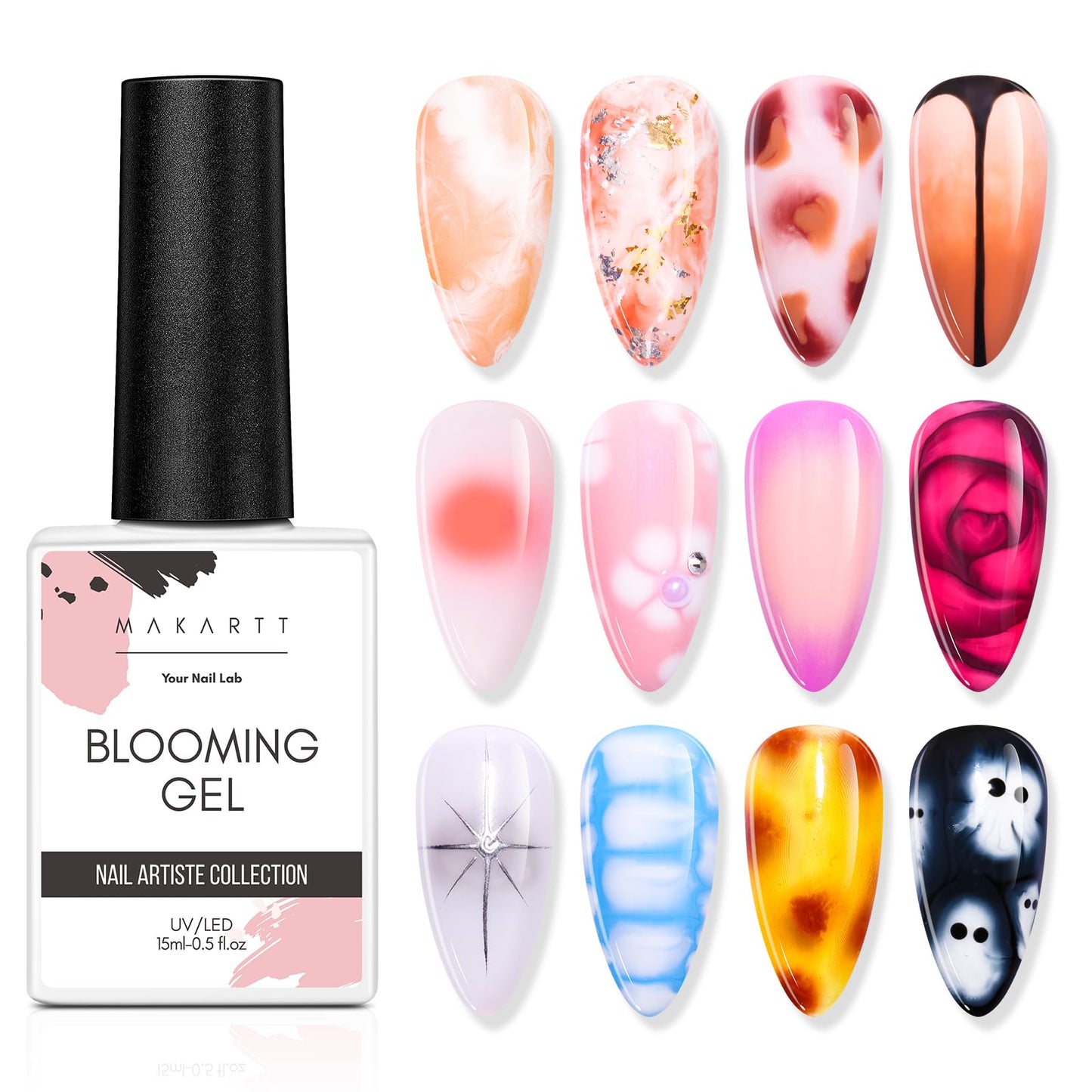 Makartt No Wipe Top Coat and Base Coat Kit with Clear Blooming Gel Bundle, Clear Gloss Shiny Stain Resistant General Gel Top Coat Nail Polish, Clear Blooming Gel 15ml for Spreading Effect