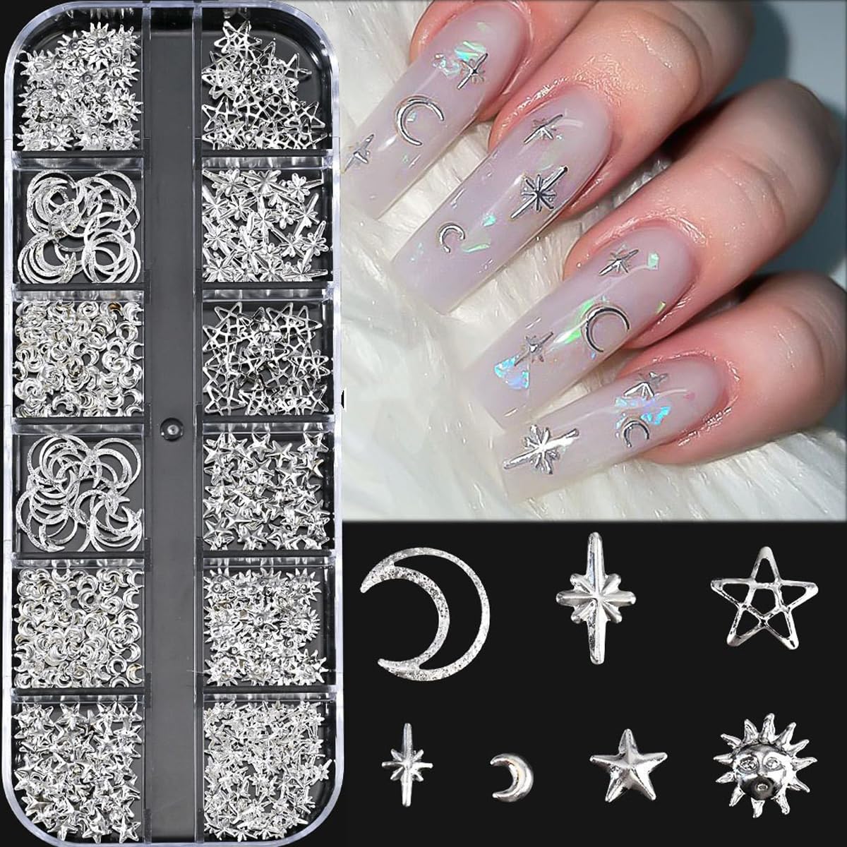 Gold Star Nail Charms Silver Moon Nail Art Charms, Alloy Sun Nail Rhinestones, Alloy Gold Nail Art Rhinestones for Women 2Boxes