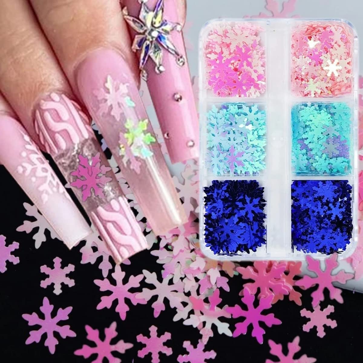 Christmas Nail Art Stickers Decals - 6 Grids Blue Snowflake Glitter Sequins - Xmas Snow flakes Nail Art Decoration for Nails Pink Snowflakes Winter Christmas Nail Supplies for Professional Accessories