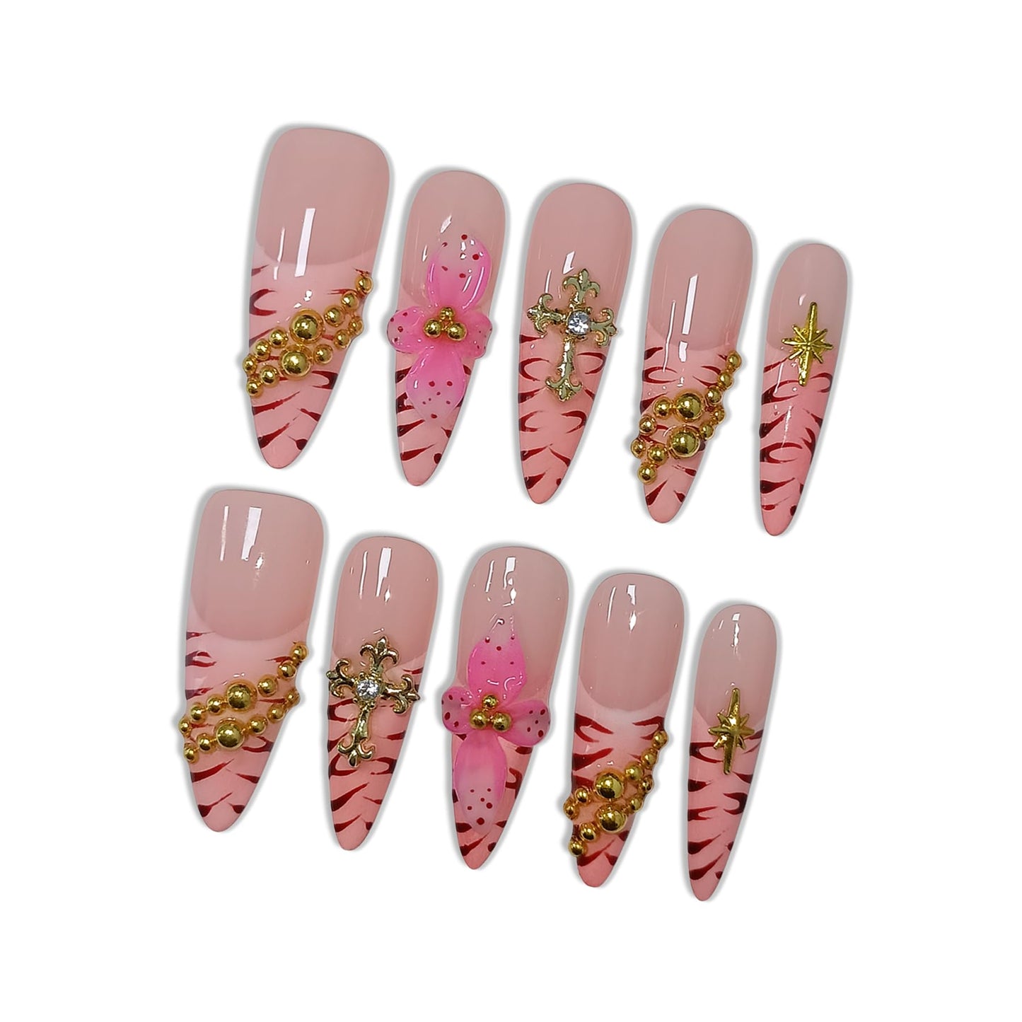 Hantyer Pink Leopard French Tip Press on Nails with 3D Floral Carving & Cross Gold Beads, Long Stiletto Glossy Y2K Fake Nails, Reusable Edgy False Nails for Women Festival Concert Party (Size XS) ﻿