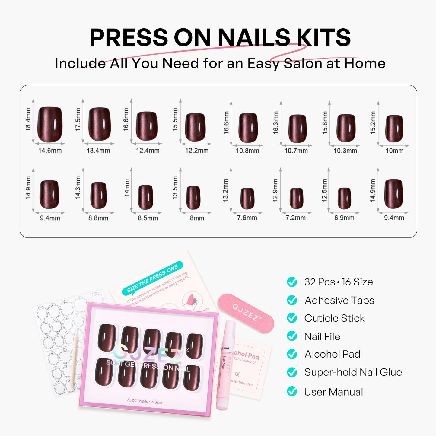 Chocolate Brown Press On Nails Cat Eye - GJZEZ Soft Gel Short Square Glass Cateye Magnetic Fake Nails Press Ons Salon Quality Thick Opaque Faux Nails Gifts for Women in 16 Sizes & 32 Pcs, Cocoa Brown