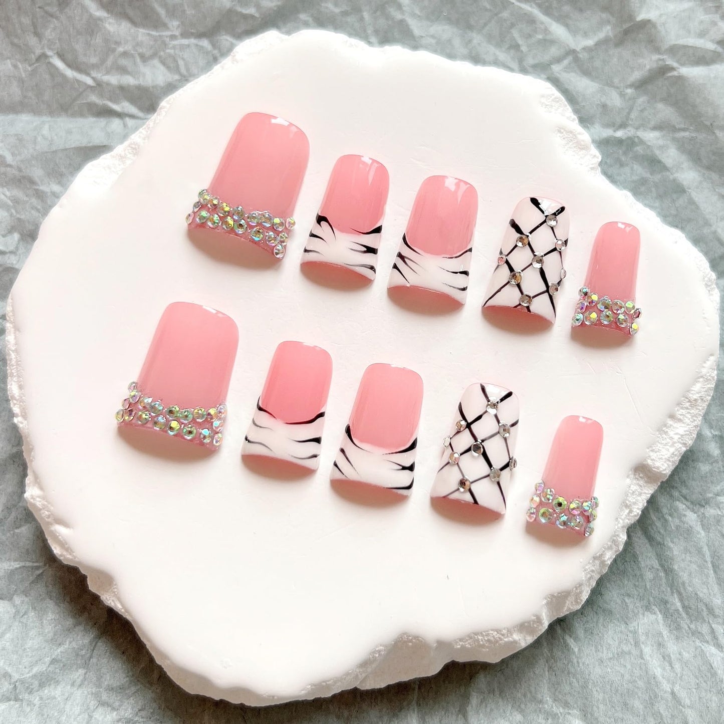 NAIL ANGEL 10PCS/SET Glamorous Handmade Press On Nails Leopard Prints Butterfly Rhinestones French Style Duck Nails Party Nails Duckbill Artifical Tips ZJ22/23/24 (ZJ-22, S)