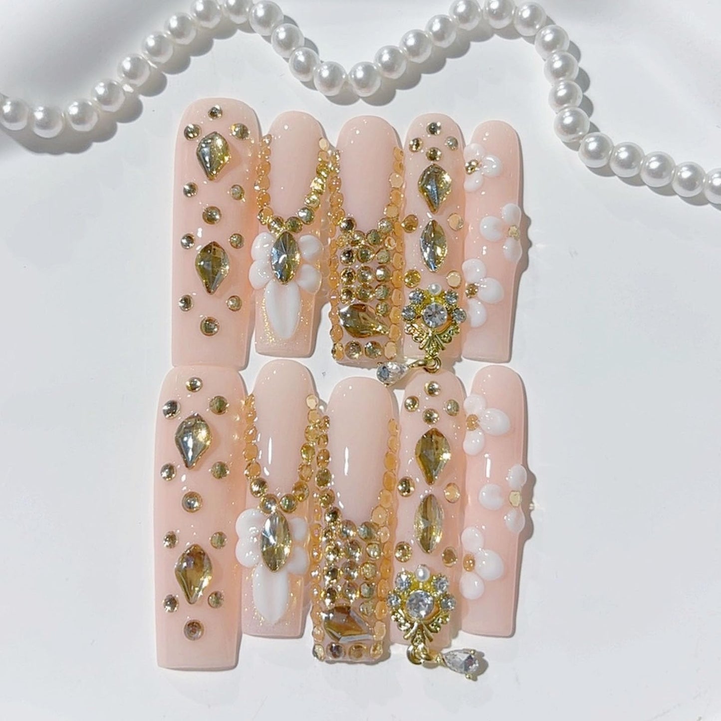 10 Pcs Extra Long Handmade Press on Nails Square Fake Nails with 3D Flowers Rhinestones Charms Curve Design False Nails Pink Acrylic Long Press Ons Nails Wedding Party for Women Nail Art - M Size