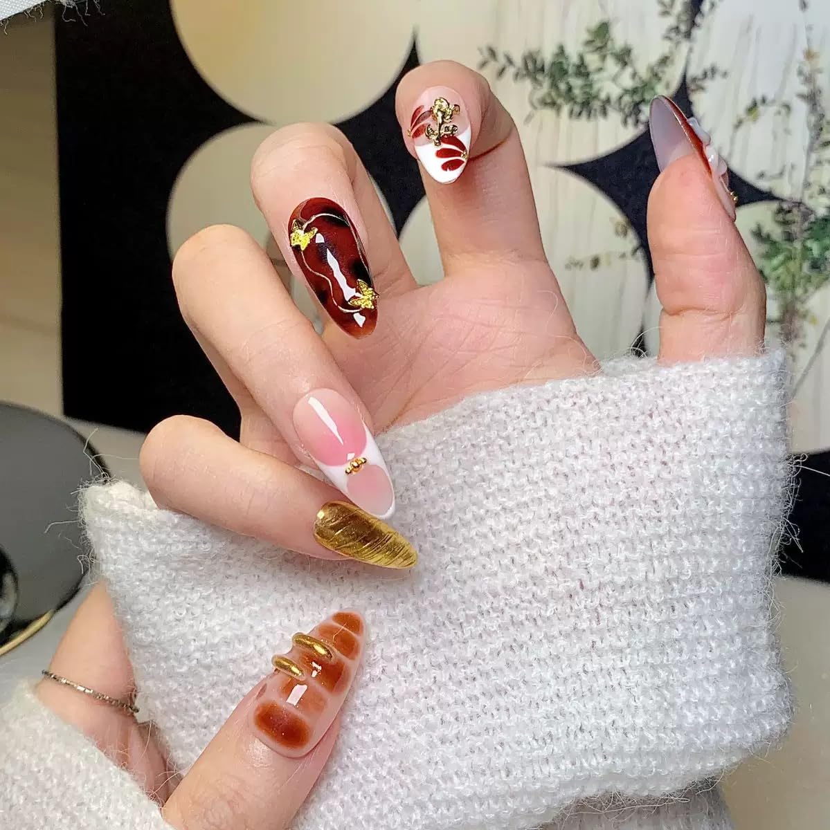 Medium Press on Nails Almond - Handmade Fake Nails with 3D Flower Design - Gold, Brown False Nails Press ons - for Women (Size L)