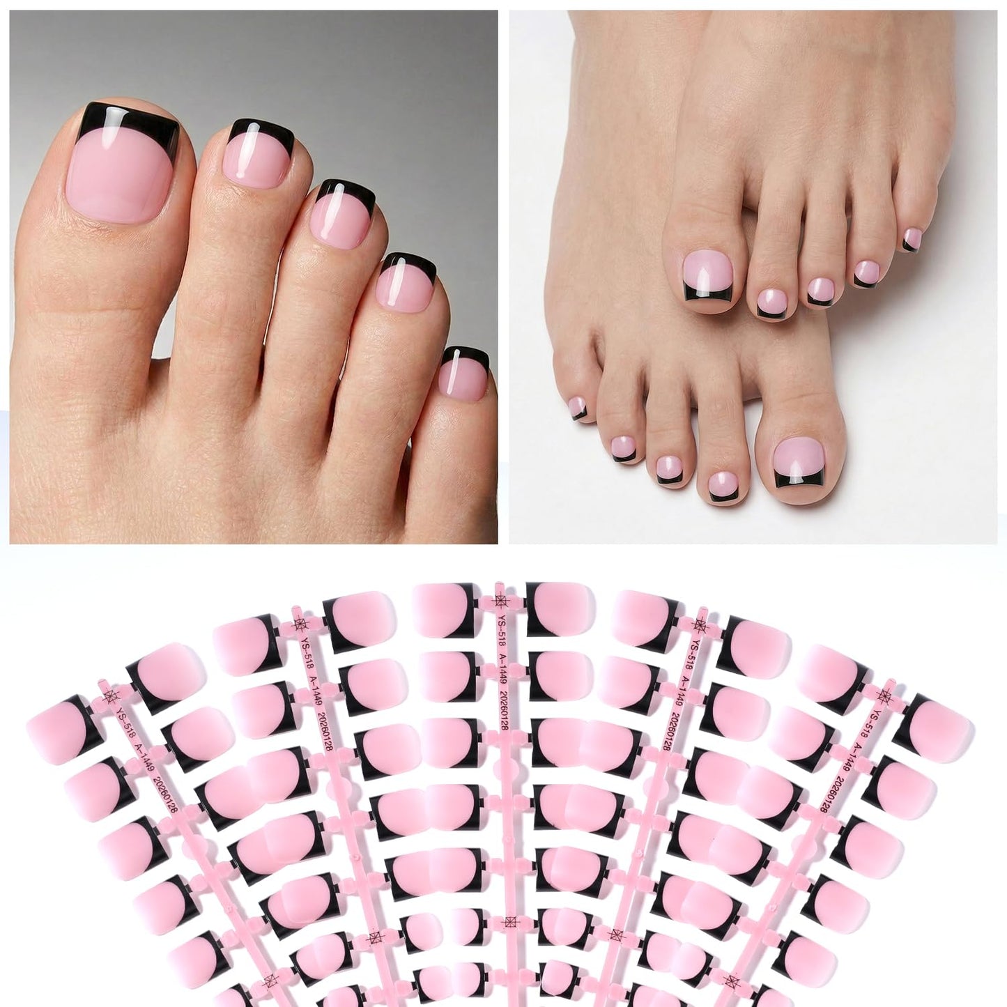 Leefrei Press on Toenails for Women, Short Square Pre-designed Matte Black French Tip Toe Press on Nails Fake Toe Nails for DIY, 15 Sizes 150 pcs Glue on Toe Nail Tips Extensions (TPSN02)