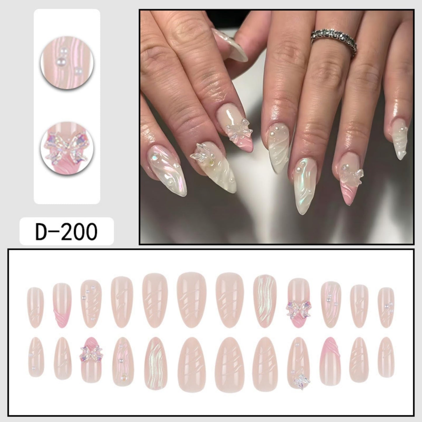 Medium Press on Nails Almond Fake Nails Pink False Nails French Artificial Nails Nude Cute Nails with 3D Bow and Pearl Designs Sparkly Stick on Nails for Women 24pcs