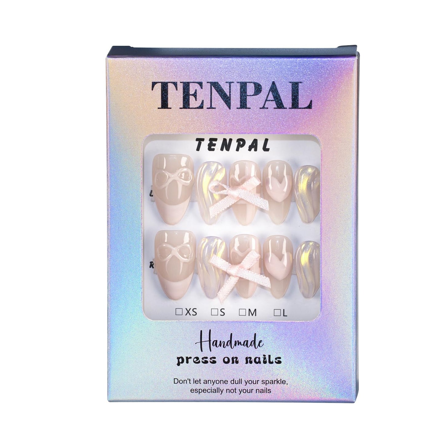 TENPAL French Tip Press On Nails Short Almond Nude Pink Gel Fake Nails With Glue Aurora French False Nails With Sparkling Waves 3D Bow 10pcs/Box Lovely Sweet Cute Acrylic Stiletto Nail Tips(XS)