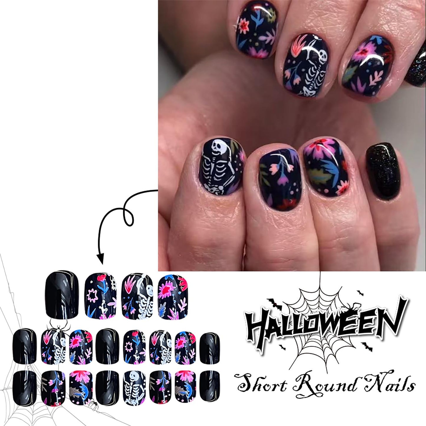 CJDLTS Black Halloween Press on Nails Short Square White Skull False Nail Acrylic Artificial Fingernails Colorful Flowers Design Full Cover Glossy Festival Stick on Nails for Women Supplies 24Pcs