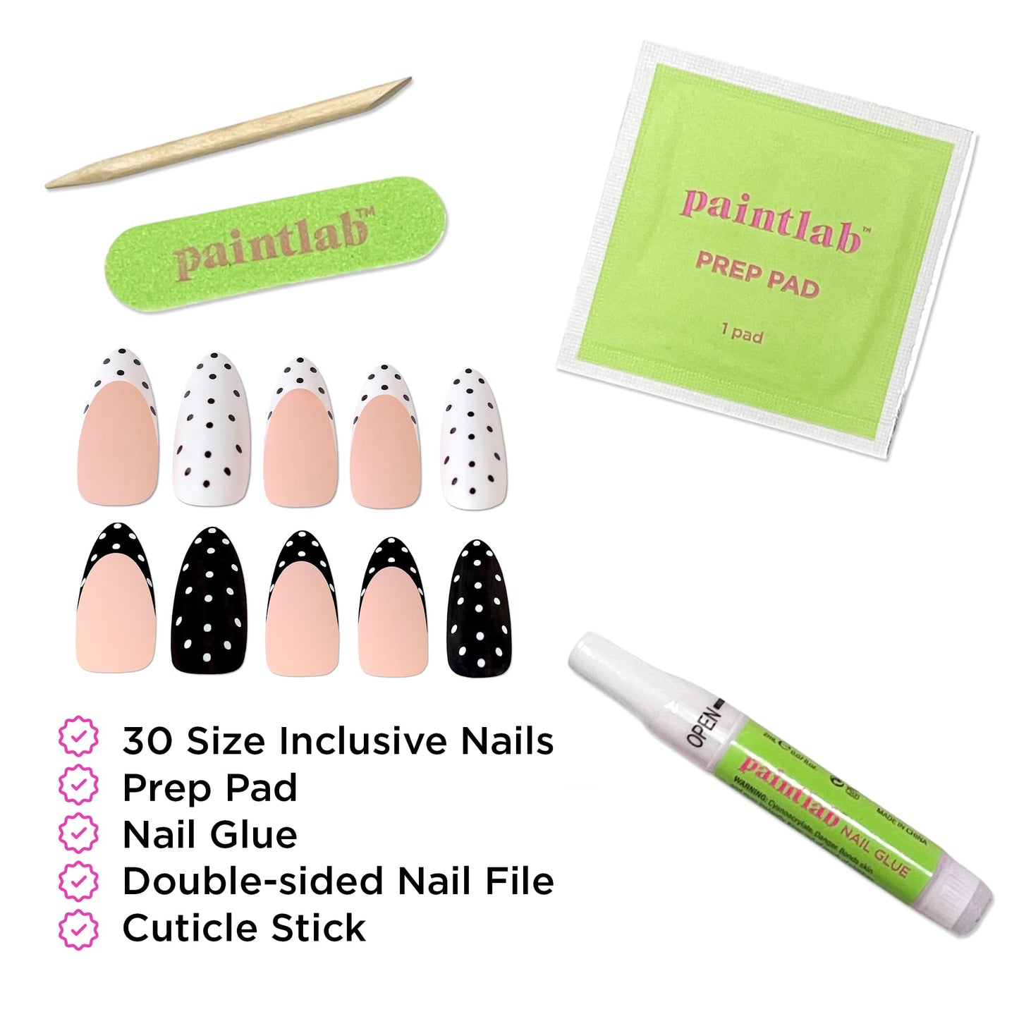 PaintLab Press On Nails - Polka Dot Couture Black & White Almond Fake Nails, 30 Nails in 15 Sizes with Glue, Reusable Salon Quality Polka Dot Press on Nails