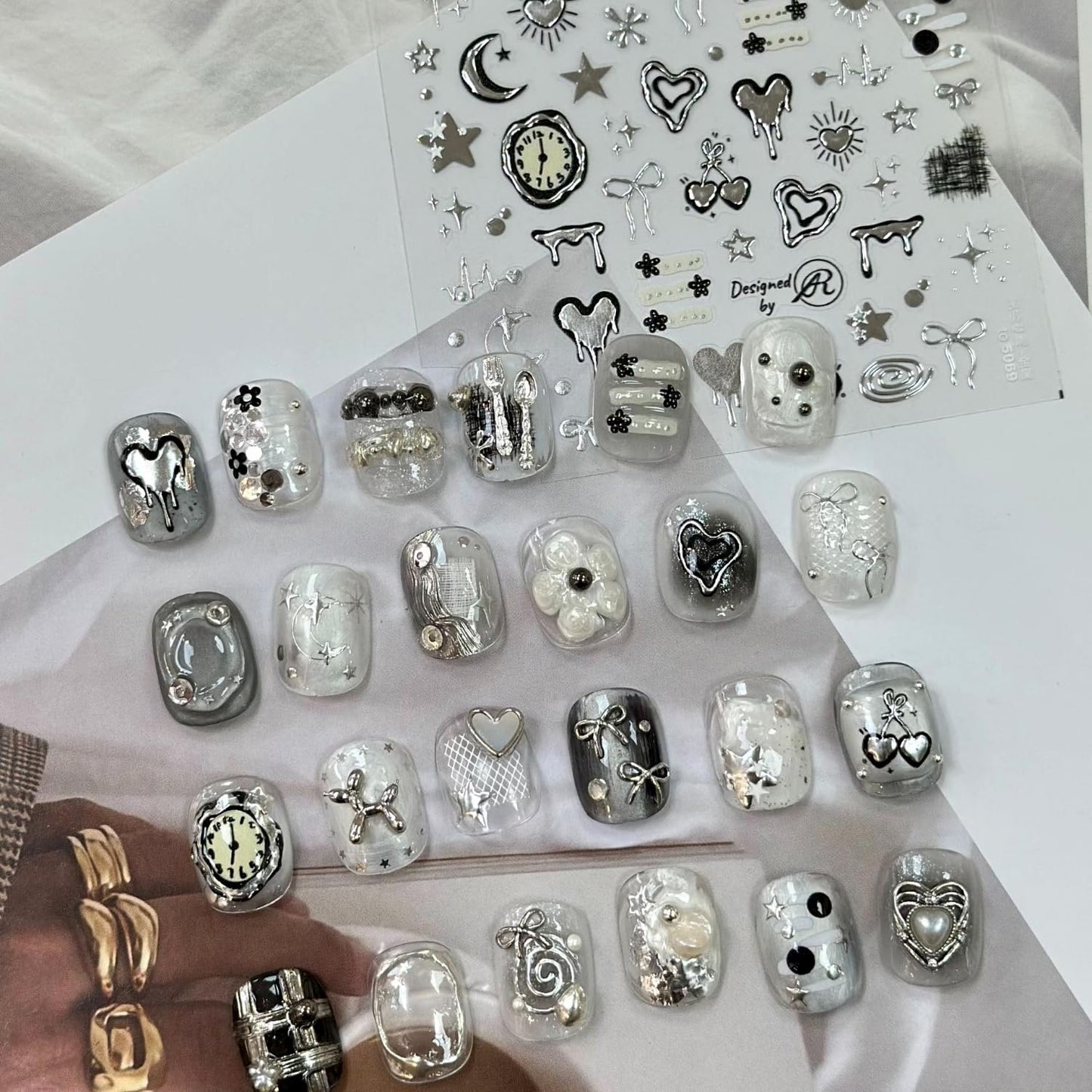 Silver Heart Nail Art Stickers 5D Embossed Clock Bow Nail Decals Valentine Day Nail Stickers for Nail Art Moon Star Nails Design Supplies for Women Girls