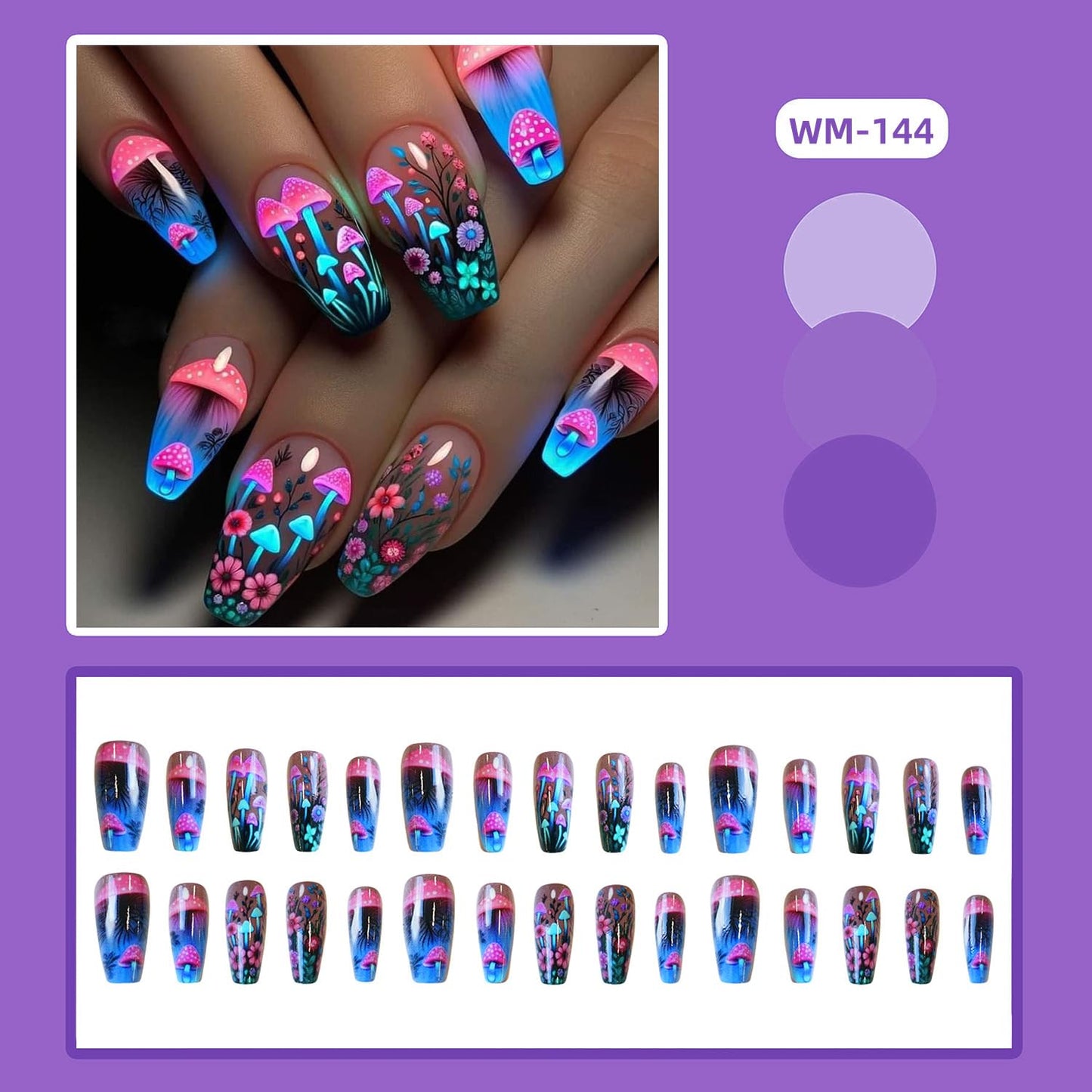Mushrooms Press on Nails Medium Flower False Nails Ballet Shaped Acrylic Nails Fantasy Mushrooms Floral Design Colorful Stick on Nails Full Cover Coffin Nails Artificial Glue on Nails for Women 24Pcs