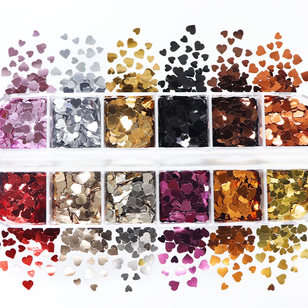 12 Grids 3D Heart Nail Art Stickers - Holographic Laser Nail Glitter Sequins Love Decals for Valentine's - Gold, Red, Black, Silver Glitter Flakes for Nail Art Decoration