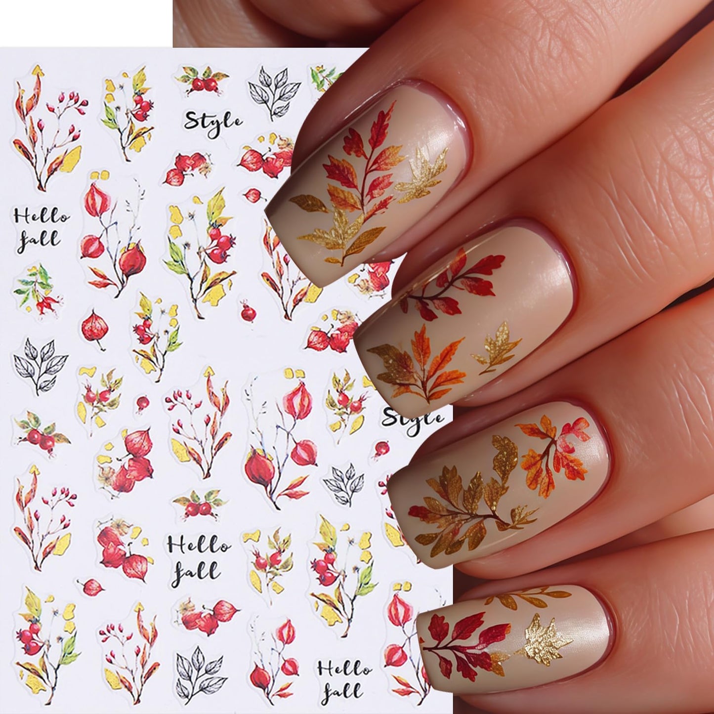 6 Sheets Fall Maple Leaf Nail Art Stickers Deals 3D Self-Adhesive Autumn Thanksgiving Pumpkin Fox Fallen Leaves Nails Designs Flower Mushroom Autumn Leaves Nail Supplies for Women Nail Decoration