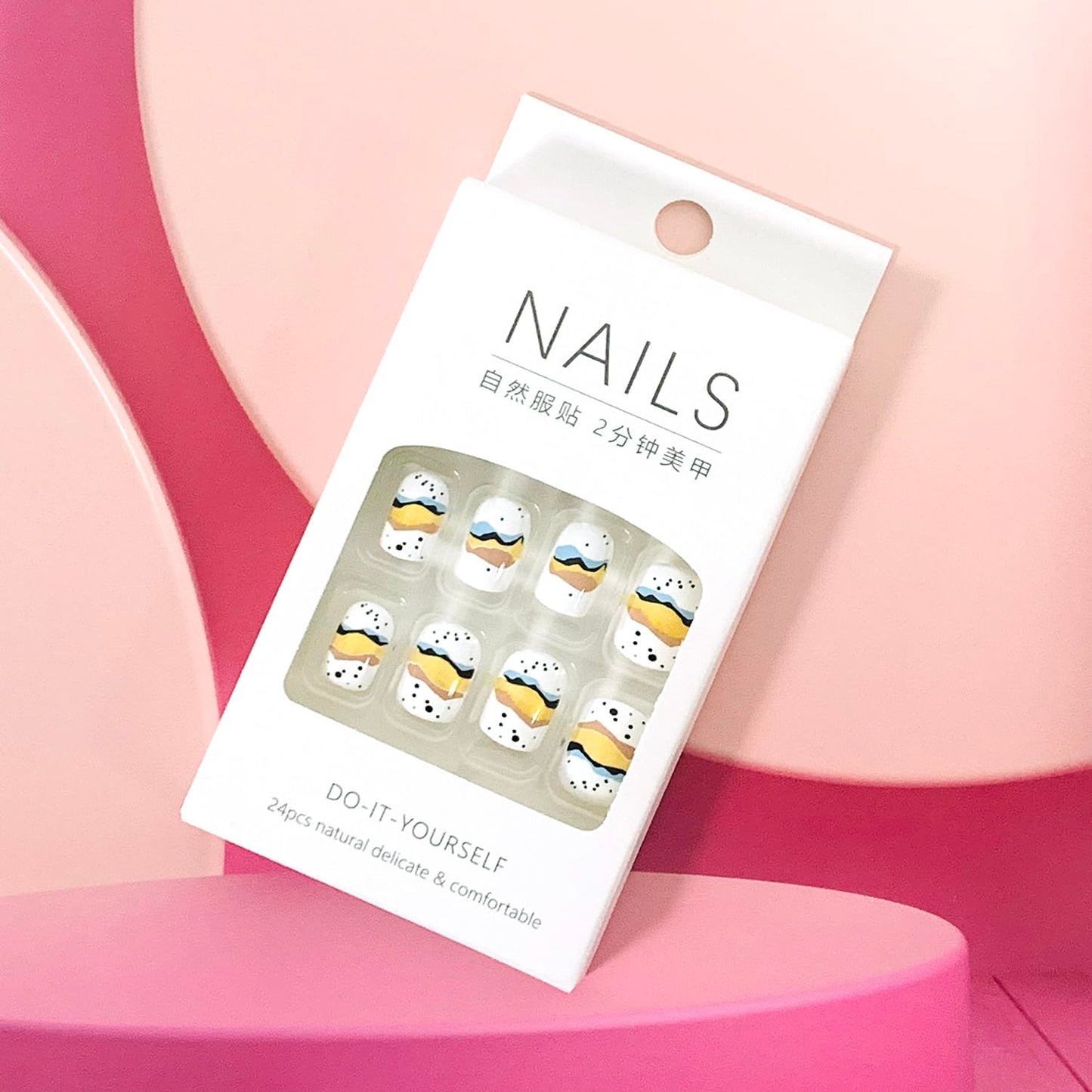 Vezocim Press on Nails Short Square-24Pcs Glossy Full Cover Acrylic Square False Nails with Line Designs Artificial Extra Short Square Fake Nails with Glue Stick on Fingernails for Women Girls