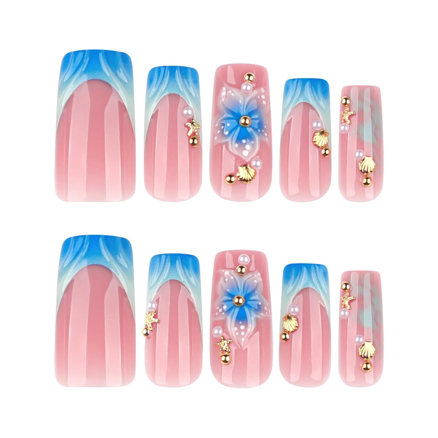 CTTHNBD Medium Press on Nails Square - Blue French Tip Fake Nails with Flower Design - Shell, Summer False Nails Press ons - for Women 24 Pcs