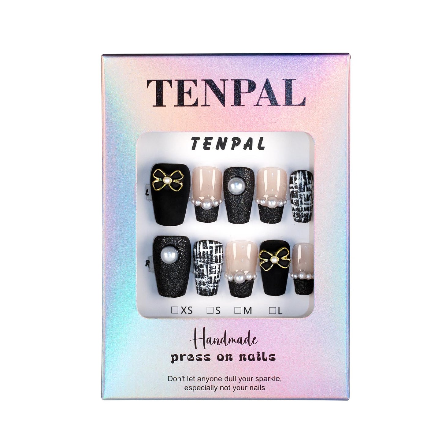 TENPAL Handmade French Tips Press on Nails Medium,Black Gold Pearl & Bow Tweed Coffin Nails,Detachable Luxury Heirloom Elegance Glue on Nails for Fair Skin, Acrylic Wedding Nails for Women(L)