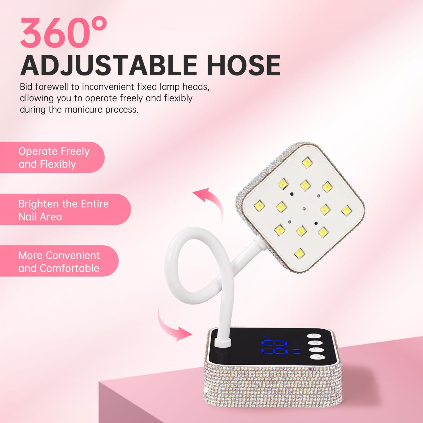 CHRISTINE SHELLY UV LED Nail Lamp, Mini UV Light for Gel Nails Polish, Rechargeable with 4 Timers, Nail Dryer, Quick Drying Cordless Goosenecks Home Nail Salon DIY Manicure (M9-White Diamond)