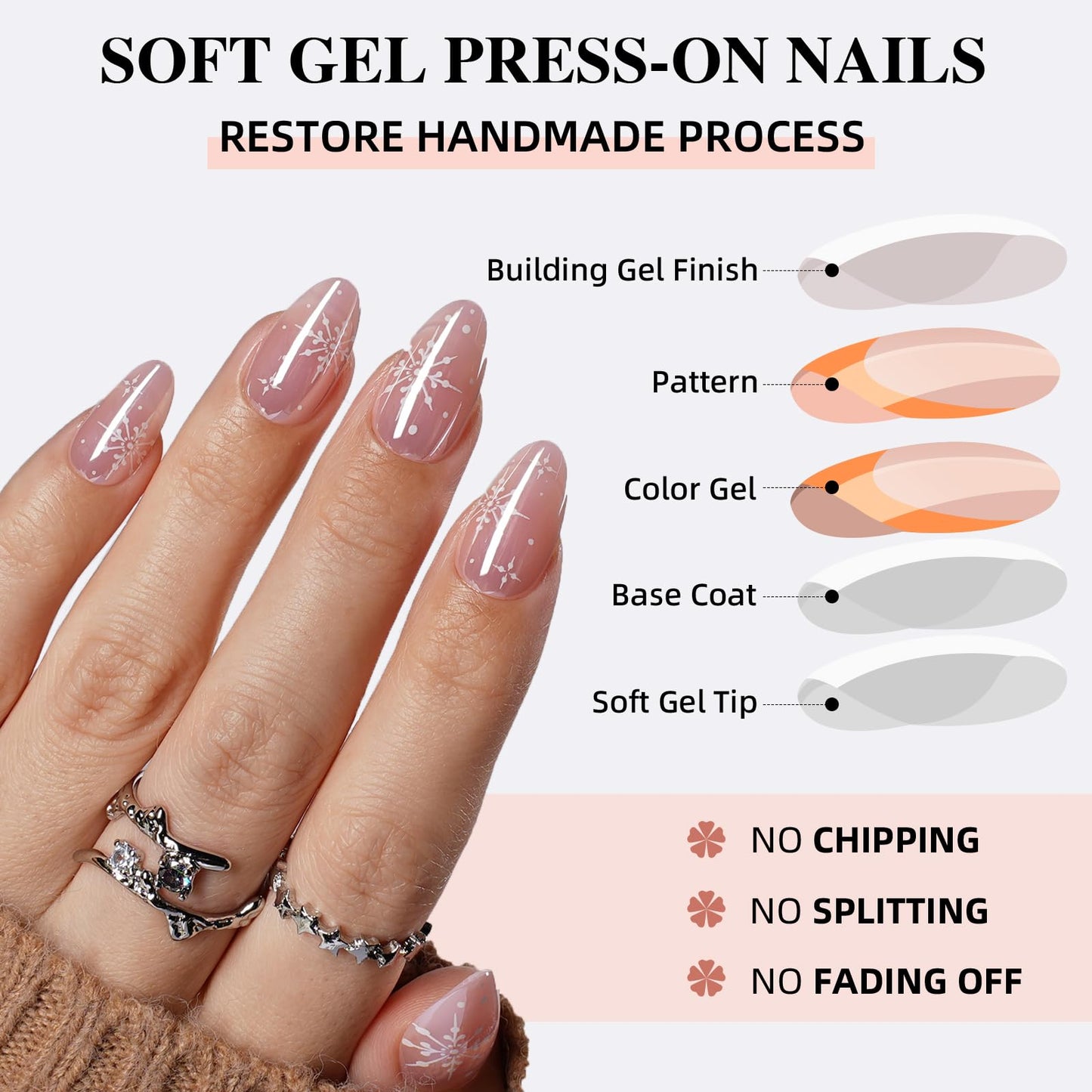 Sifvoo Pink Press On Nails Short Almond with Chrome Accent Design, Glossy Reusable Press On Nails for Women, 32 Count 16 Sizes Nail Kit with Glue (SV-15)