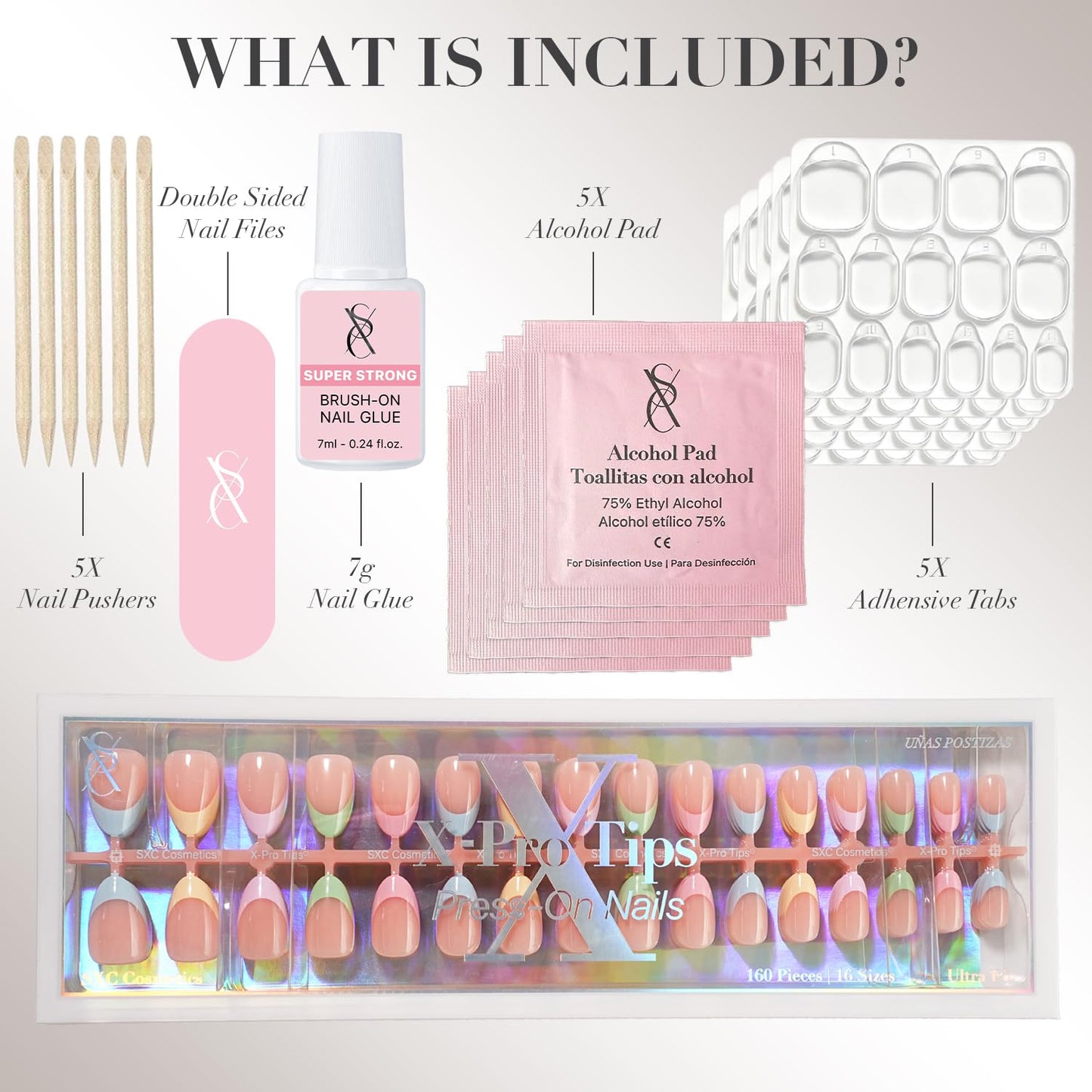 SXC Cosmetics Press On Nails - 011 Pastel Party | X5 Signature Series - Short Almond X-Pro Tips Fake Nails, Salon Quality Nails 16 Sizes - 160 pieces Nail Kit with Glue