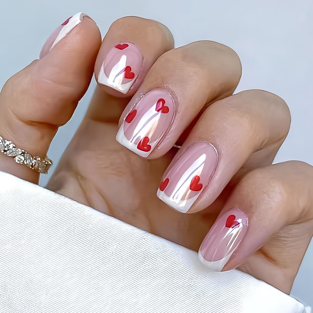 White French Tip Press on Nails Square - Short Fake Nails with Red Heart Design - Chrome Full Cover Stick on False Nails - for Women 24 Pcs