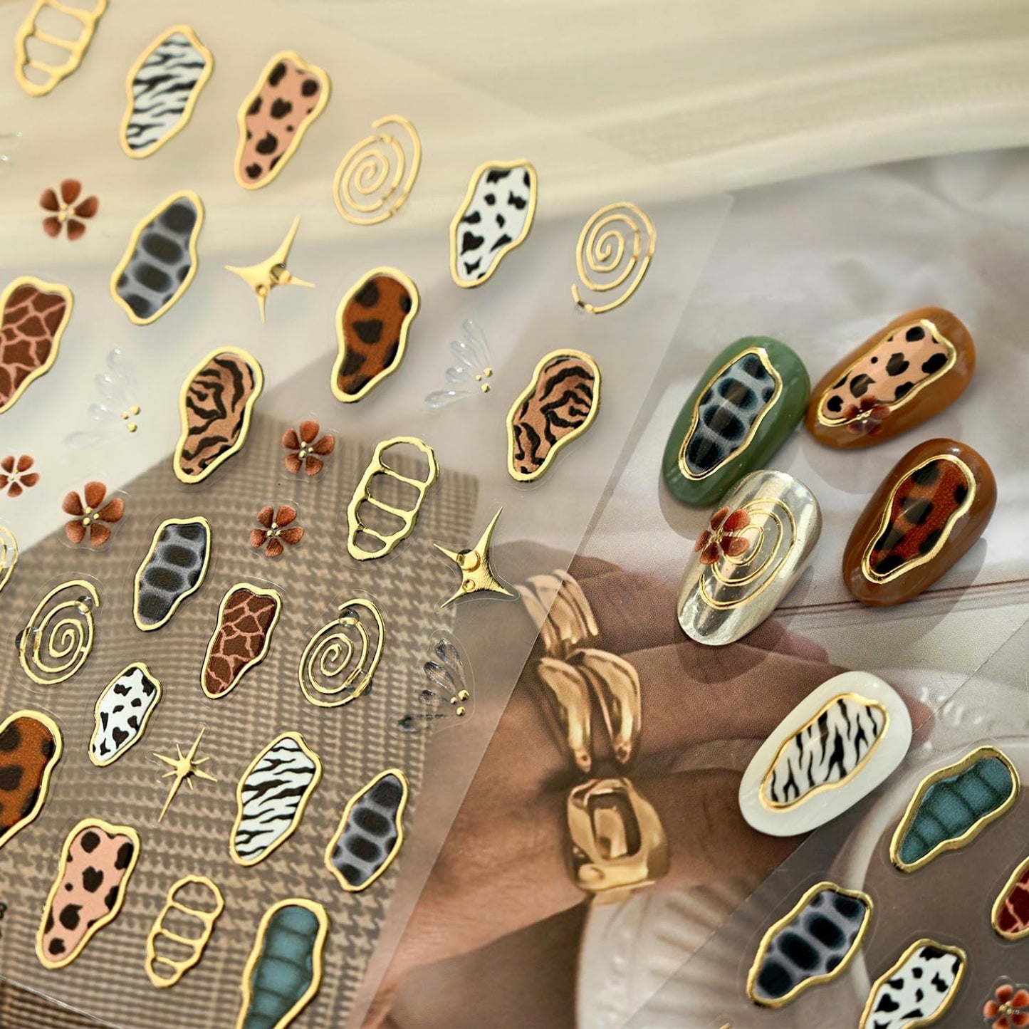 Leopard Nail Art Stickers 5D Embossed Irregular Geometric Nail Decals Gold Nail Stickers for Nail Art Brown Leopard Nail Design Charms Decoration Accessories for Women and Girls