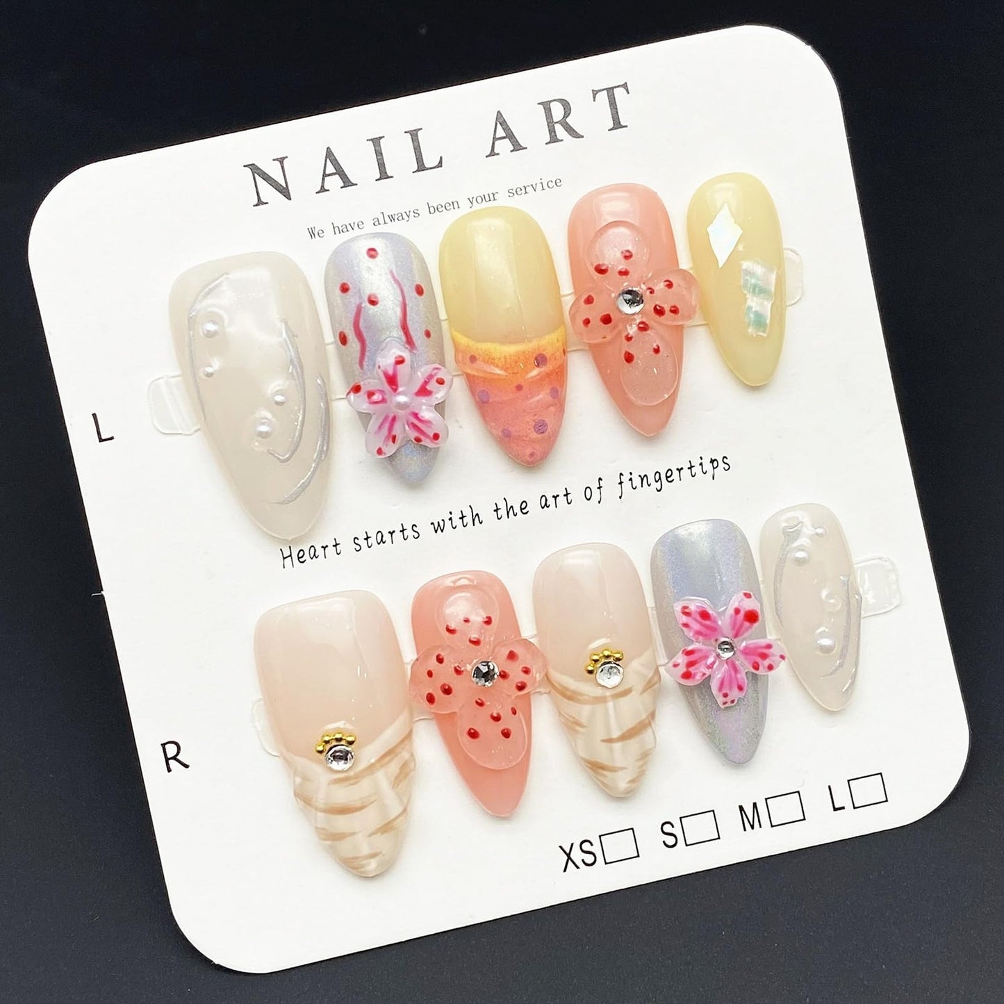 Handmade Press on Nails Medium Almond 3D Flower Fake Nails Unique False Nails with Designs Rhinestones Pearls Glossy Glue on Reusable Thick Acrylic Nails 10Pcs (S)